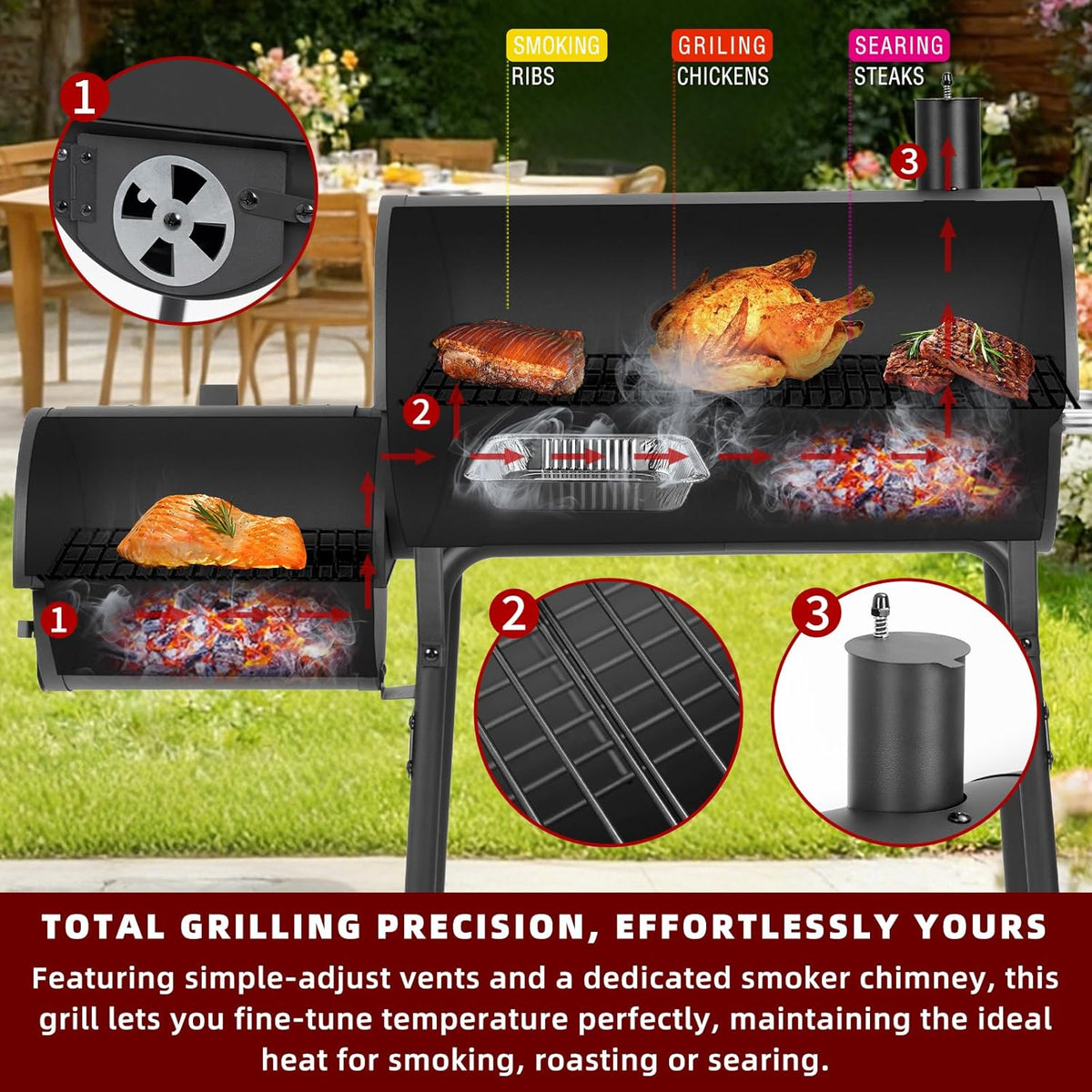 Charcoal Grill Offset Smoker 535 Sq.In.With Front Table for Outdoor BBQ