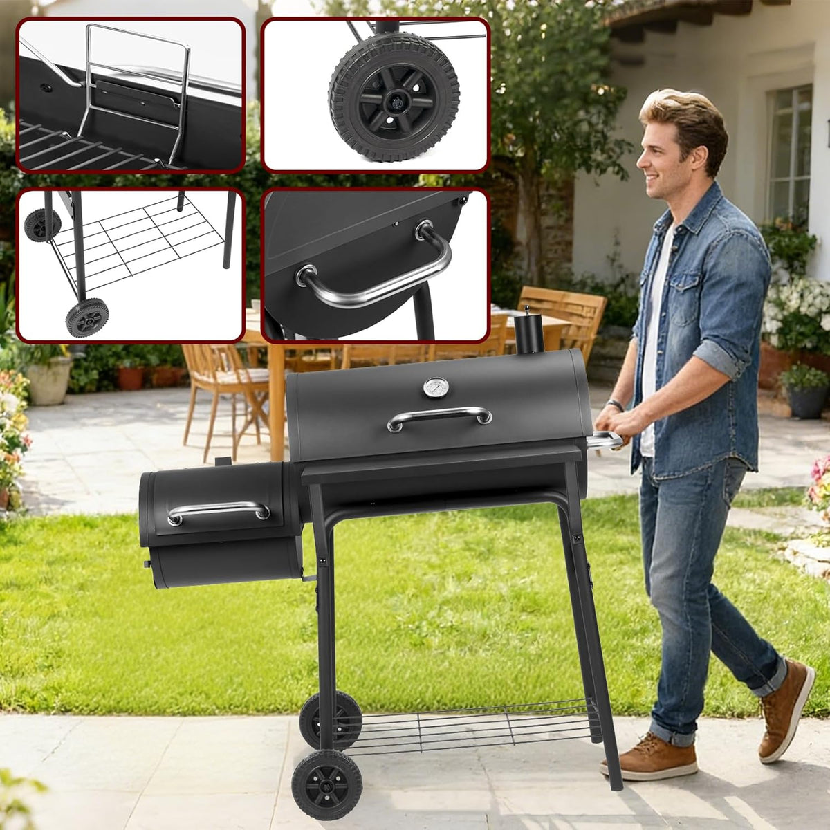 Charcoal Grill Offset Smoker 535 Sq.In.With Front Table for Outdoor BBQ
