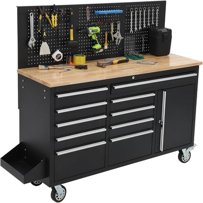 61-Inch Rolling Tool Chest, 10 Drawers Garage Workbench Storage Tool Cabinet with Power Strip, Solid Rubber Wood Top, 1675 LBS Load Mobile Workstation, Heavy Duty Rolling Cabinet