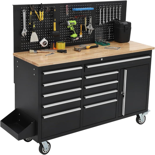 61-Inch Rolling Tool Chest, 10 Drawers Garage Workbench Storage Tool Cabinet with Power Strip, Solid Rubber Wood Top, 1675 LBS Load Mobile Workstation, Heavy Duty Rolling Cabinet