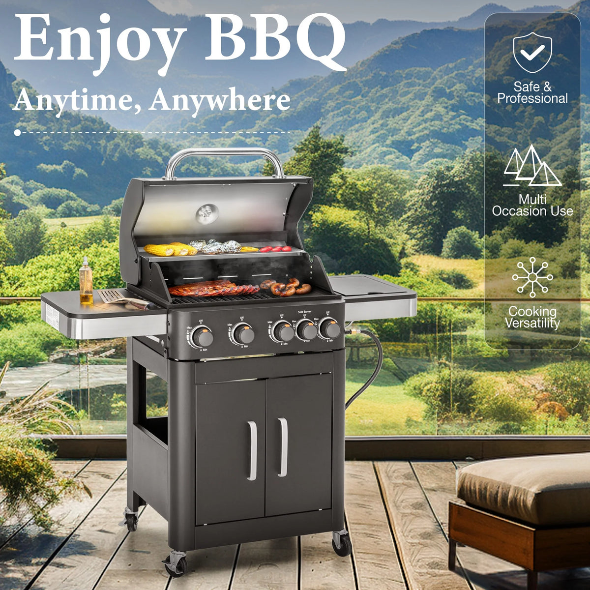 4 Burner Propane Gas Grill and Griddle Combo with Side Burner BBQ Grill - Black