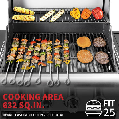 4-Burner Propane Gas BBQ Grill with Side Burner, Barbecue Gas Grill with Enameled Cast Iron Grates for Outdoor Patio Garden Barbecue, 53,000 BTU, Stainless Steel Grill Cover Included