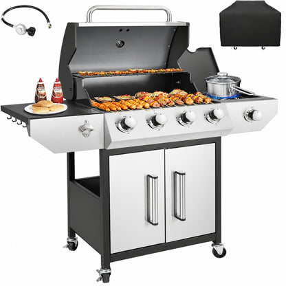 4-Burner Propane Gas BBQ Grill with Side Burner, Barbecue Gas Grill with Enameled Cast Iron Grates for Outdoor Patio Garden Barbecue, 53,000 BTU, Stainless Steel Grill Cover Included