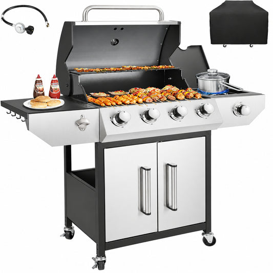 4-Burner Propane Gas BBQ Grill with Side Burner, Barbecue Gas Grill with Enameled Cast Iron Grates for Outdoor Patio Garden Barbecue, 53,000 BTU, Stainless Steel Grill Cover Included