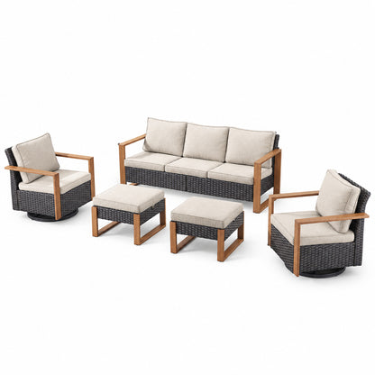 Wicker Patio Furniture Sets,5 Pieces Outdoor Conversation Sets with Swivel Rocker Chairs Sofa and Ottomans for Deck Porch Poolside