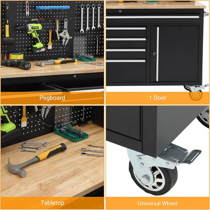 61-Inch Rolling Tool Chest, 10 Drawers Garage Workbench Storage Tool Cabinet with Power Strip, Solid Rubber Wood Top, 1675 LBS Load Mobile Workstation, Heavy Duty Rolling Cabinet