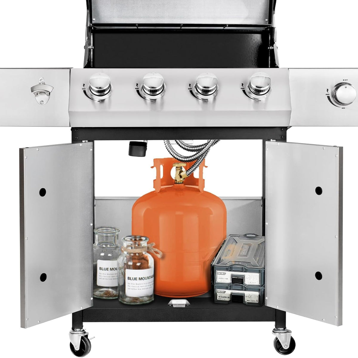 4-Burner Propane Gas BBQ Grill with Side Burner, Barbecue Gas Grill with Enameled Cast Iron Grates for Outdoor Patio Garden Barbecue, 53,000 BTU, Stainless Steel Grill Cover Included